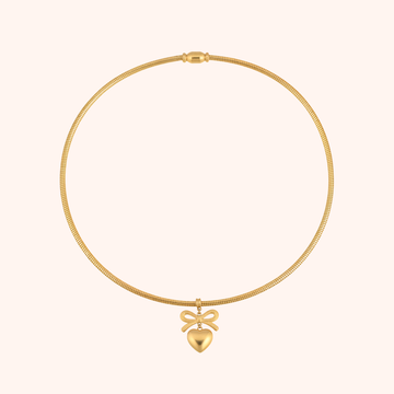 Bow & Heart Drop Pendant Necklace – Elegant Gold Minimal Chain