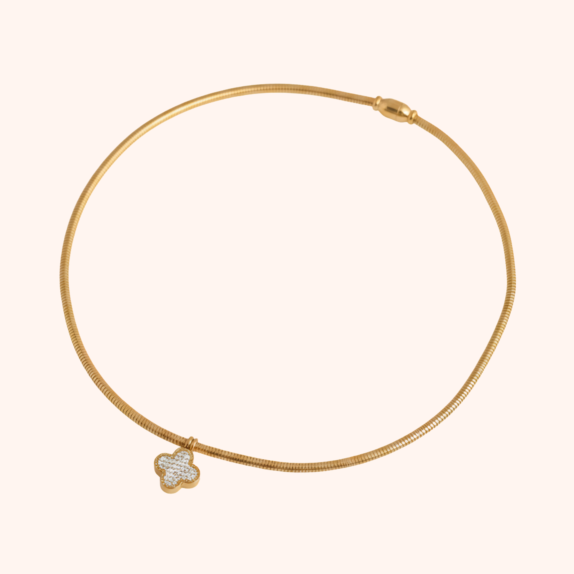 White Crystal Clover Charm Necklace – Elegant Gold Chain