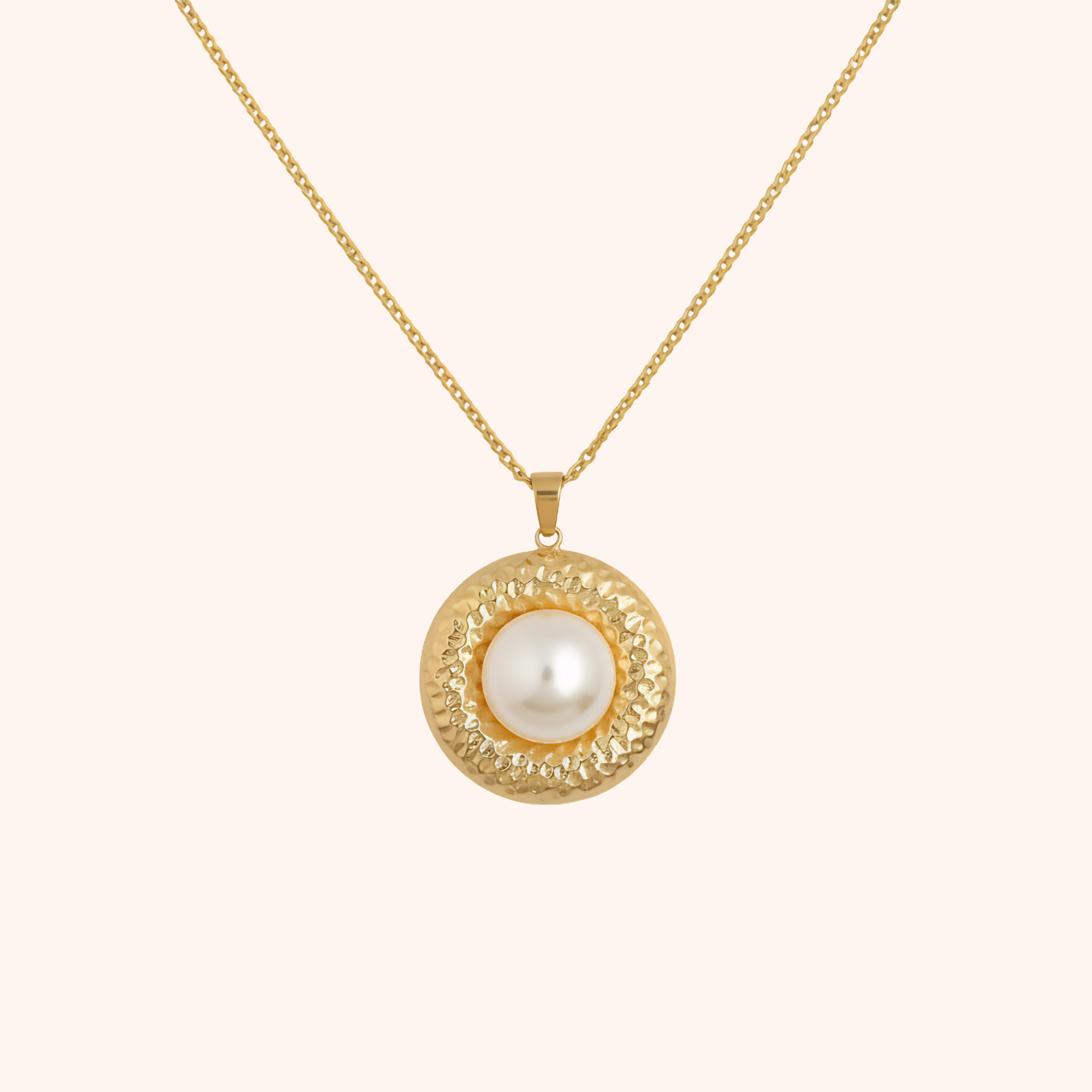 Gold Textured Pearl Pendant Necklace – Classic Elegant Chain