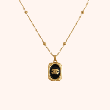 Vintage Black Enamel Pendant Necklace – Gold Statement Charm