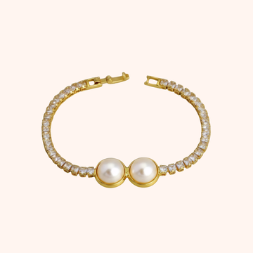 Gold Dual Pearl Crystal Bracelet – Elegant Anti Tarnish Chain Design